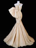 Ndyad One Shoulder Satin Champagne Long Prom Dress, Champagne Long Evening Dress HZ1024