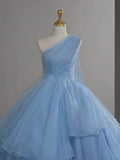 Ndyad One Shoulder Tulle Blue Long Prom Dress, Blue Long Evening Dress HZ1024