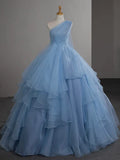 Ndyad One Shoulder Tulle Blue Long Prom Dress, Blue Long Evening Dress HZ1024