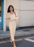 Ndyad style slim fit gentle temperament square collar can be worn with knitted hip skirt HZ1024