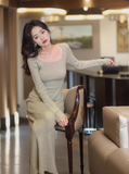 Ndyad style slim fit gentle temperament square collar can be worn with knitted hip skirt HZ1024