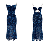 Evafashion holiday floral sling dress blue mesh mermaid dress HZ1024