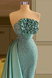 Ndyad Strapless Long Green Satin Mermaid Sleeveless Beading Prom Dresses With Ruffles Long HZ1024