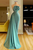 Ndyad Strapless Long Green Satin Mermaid Sleeveless Beading Prom Dresses With Ruffles Long HZ1024