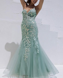 Ndyad Blue Spaghetti Straps Lace Appliques Mermaid V-Neck Tulle Long Prom Dress HZ1024