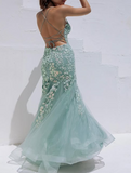 Ndyad Blue Spaghetti Straps Lace Appliques Mermaid V-Neck Tulle Long Prom Dress HZ1024