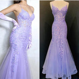 Ndyad Blue Spaghetti Straps Lace Appliques Mermaid V-Neck Tulle Long Prom Dress HZ1024