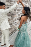 Ndyad Blue Spaghetti Straps Lace Appliques Mermaid V-Neck Tulle Long Prom Dress HZ1024