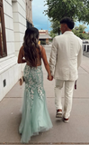 Ndyad Blue Spaghetti Straps Lace Appliques Mermaid V-Neck Tulle Long Prom Dress HZ1024
