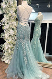 Ndyad Blue Spaghetti Straps Lace Appliques Mermaid V-Neck Tulle Long Prom Dress HZ1024