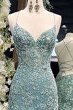 Ndyad Blue Spaghetti Straps Lace Appliques Mermaid V-Neck Tulle Long Prom Dress HZ1024