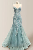 Ndyad Blue Spaghetti Straps Lace Appliques Mermaid V-Neck Tulle Long Prom Dress HZ1024