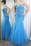 Ndyad Blue Spaghetti Straps Lace Appliques Mermaid V-Neck Tulle Long Prom Dress HZ1024