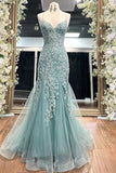 Ndyad Blue Spaghetti Straps Lace Appliques Mermaid V-Neck Tulle Long Prom Dress HZ1024