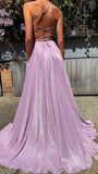 Evafashion A-Line Pink Sequin Prom Dresses V Neck Evening Dress HZ1024