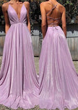 Evafashion A-Line Pink Sequin Prom Dresses V Neck Evening Dress HZ1024