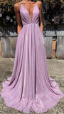 Evafashion A-Line Pink Sequin Prom Dresses V Neck Evening Dress HZ1024