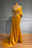 Ndyad Jewel Asymmetric Satin Beading Long Sleeves Evening Prom Dresses with Appliques HZ1024