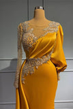 Ndyad Jewel Asymmetric Satin Beading Long Sleeves Evening Prom Dresses with Appliques HZ1024