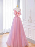 Evafashion A-line Pink Tulle Long Prom Dress with Bow, Pink Formal Dresses HZ1024