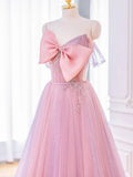 Evafashion A-line Pink Tulle Long Prom Dress with Bow, Pink Formal Dresses HZ1024