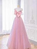 Evafashion A-line Pink Tulle Long Prom Dress with Bow, Pink Formal Dresses HZ1024