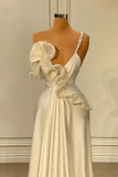 Evafashion A-line One Shoulder White Satin Evening Prom Dress with Ruffles HZ1024
