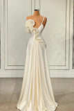 Evafashion A-line One Shoulder White Satin Evening Prom Dress with Ruffles HZ1024