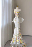 Ndyad Wedding Dress Elegant Mermaid Strapless Tulle Lace Long Prom Dress Applique Evening Dress HZ1024