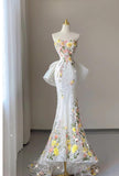 Ndyad Wedding Dress Elegant Mermaid Strapless Tulle Lace Long Prom Dress Applique Evening Dress HZ1024