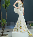 Ndyad Wedding Dress Elegant Mermaid Strapless Tulle Lace Long Prom Dress Applique Evening Dress HZ1024