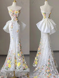 Ndyad Wedding Dress Elegant Mermaid Strapless Tulle Lace Long Prom Dress Applique Evening Dress HZ1024