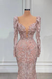 Ndyad Pink V-neck Lace Mermaid Prom Dress Evening Gowns With Long Sleeves HZ1024