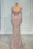 Ndyad Pink V-neck Lace Mermaid Prom Dress Evening Gowns With Long Sleeves HZ1024