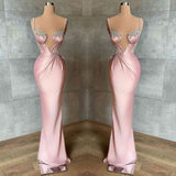 Ndyad Spaghetti-Straps Mermaid Satin Prom Dress Sleeveless With Appliques HZ1024