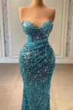 Ndyad Sweetheart Blue Mermaid Prom Dress Long With Sequins Beads HZ1024