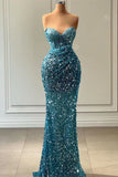 Ndyad Sweetheart Blue Mermaid Prom Dress Long With Sequins Beads HZ1024