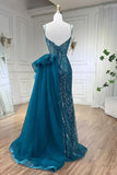 Ndyad Blue Elegant Mermaid Spaghetti Strap Tulle Beading Long Prom Dress HZ1024
