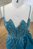 Ndyad Blue Elegant Mermaid Spaghetti Strap Tulle Beading Long Prom Dress HZ1024