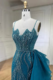 Ndyad Blue Elegant Mermaid Spaghetti Strap Tulle Beading Long Prom Dress HZ1024