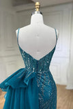 Ndyad Blue Elegant Mermaid Spaghetti Strap Tulle Beading Long Prom Dress HZ1024