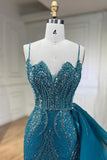 Ndyad Blue Elegant Mermaid Spaghetti Strap Tulle Beading Long Prom Dress HZ1024