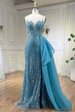 Ndyad Blue Elegant Mermaid Spaghetti Strap Tulle Beading Long Prom Dress HZ1024