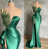 Ndyad Satin Asymmetrical High Split Beaded Floor-length Sleeveless Prom Dress HZ1024
