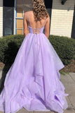 Ndyad Elegant A-line V-neck Spaghetti Strap Tulle Long Prom Dress HZ1024