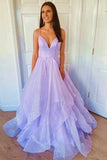 Ndyad Elegant A-line V-neck Spaghetti Strap Tulle Long Prom Dress HZ1024