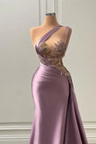Ndyad Sleeveless Asymmetric Satin Long Prom Dress with Pleated Beadings HZ1024