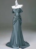 Ndyad Pleated Satin Formal Mermaid Evening Dress,Fahsion Graudation Prom Dresses with Off-the-Shoulder HZ1024