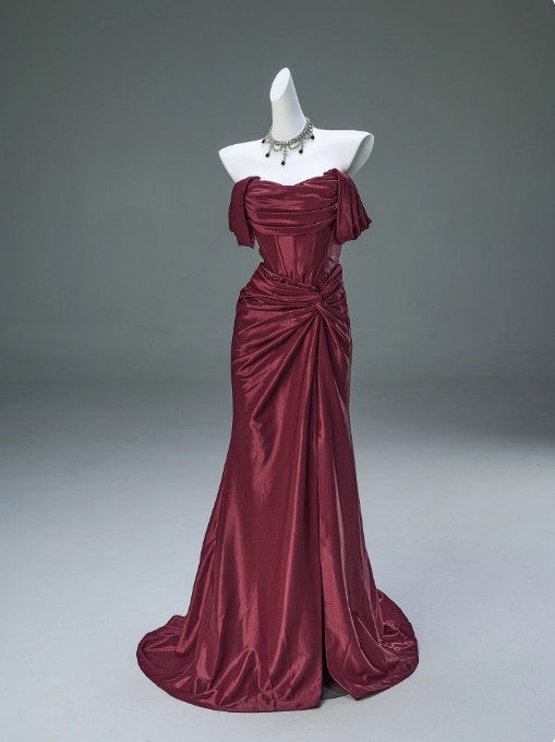 Ndyad Pleated Satin Formal Mermaid Evening Dress,Fahsion Graudation Prom Dresses with Off-the-Shoulder HZ1024