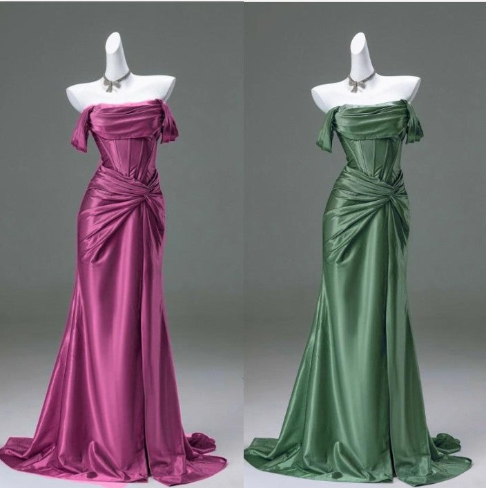 Ndyad Pleated Satin Formal Mermaid Evening Dress,Fahsion Graudation Prom Dresses with Off-the-Shoulder HZ1024
